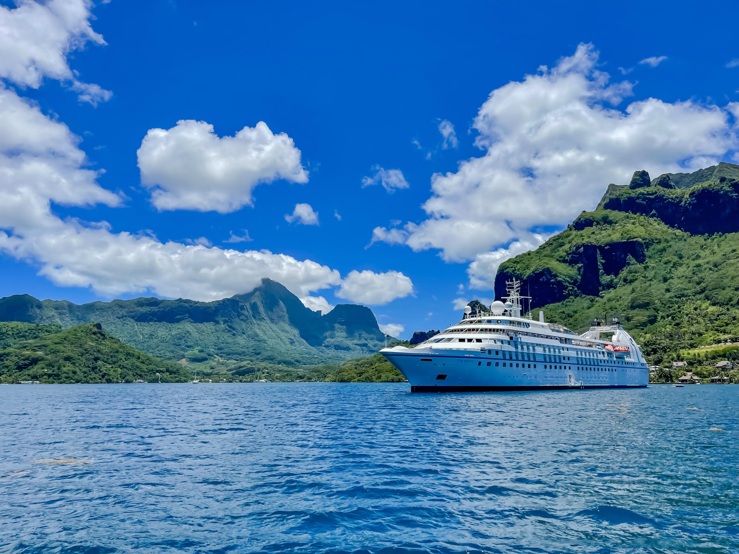 cruise ship on the ocean with mountains in the background; from blog post ocean cruise vs river cruise