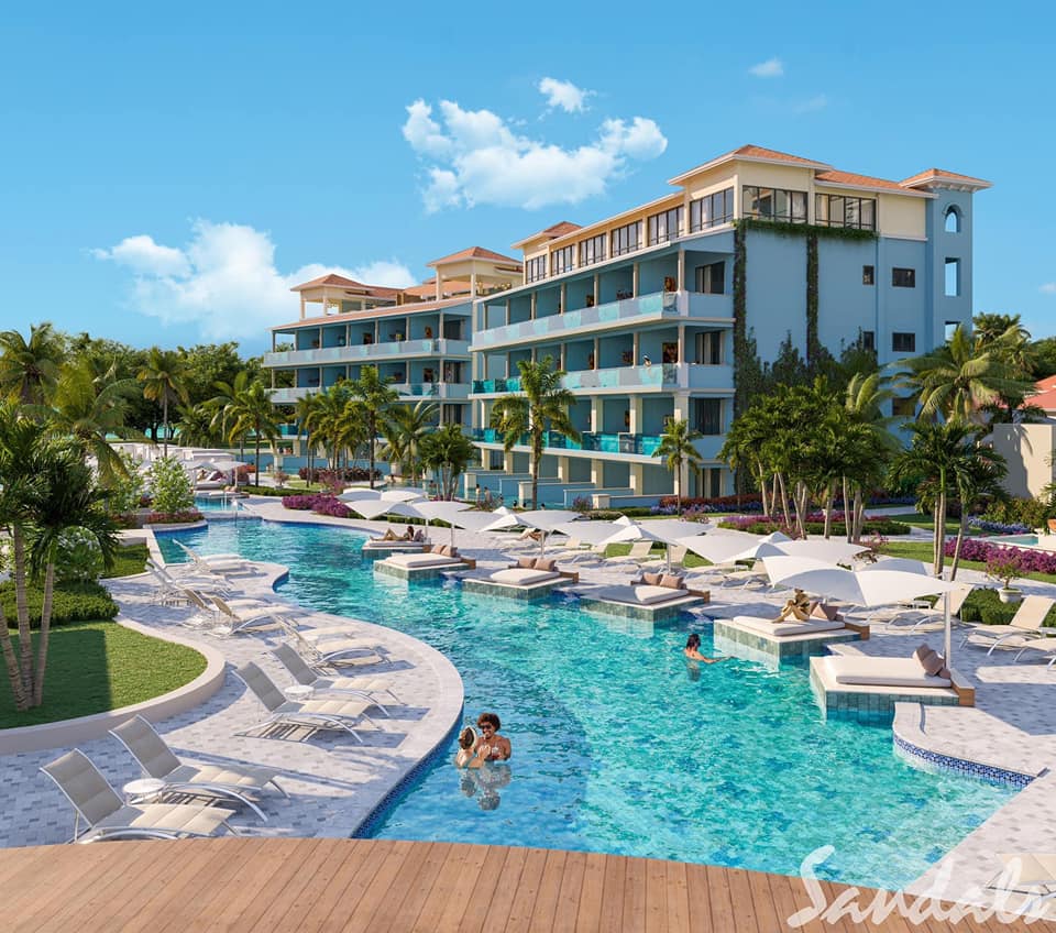 overhead view of sandals resort in Jamaica - pool with lounge chairts and resort