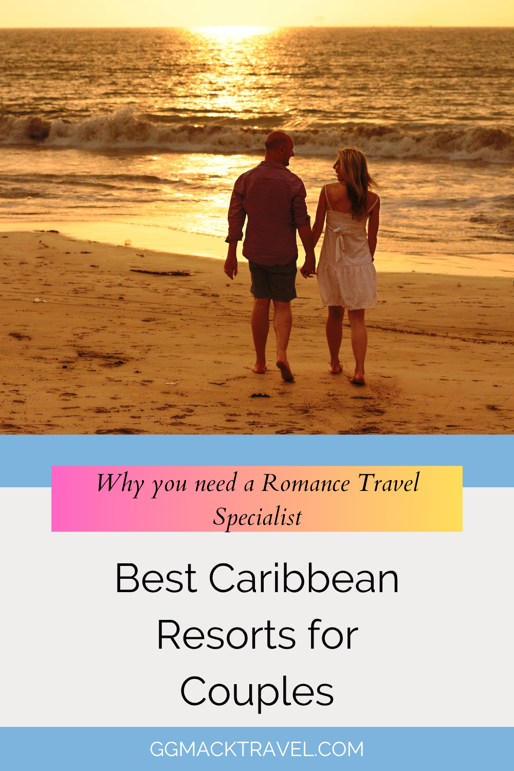 couple walking on beach at sunset for Pinterest pin, Best Caribbean Resort for Couples