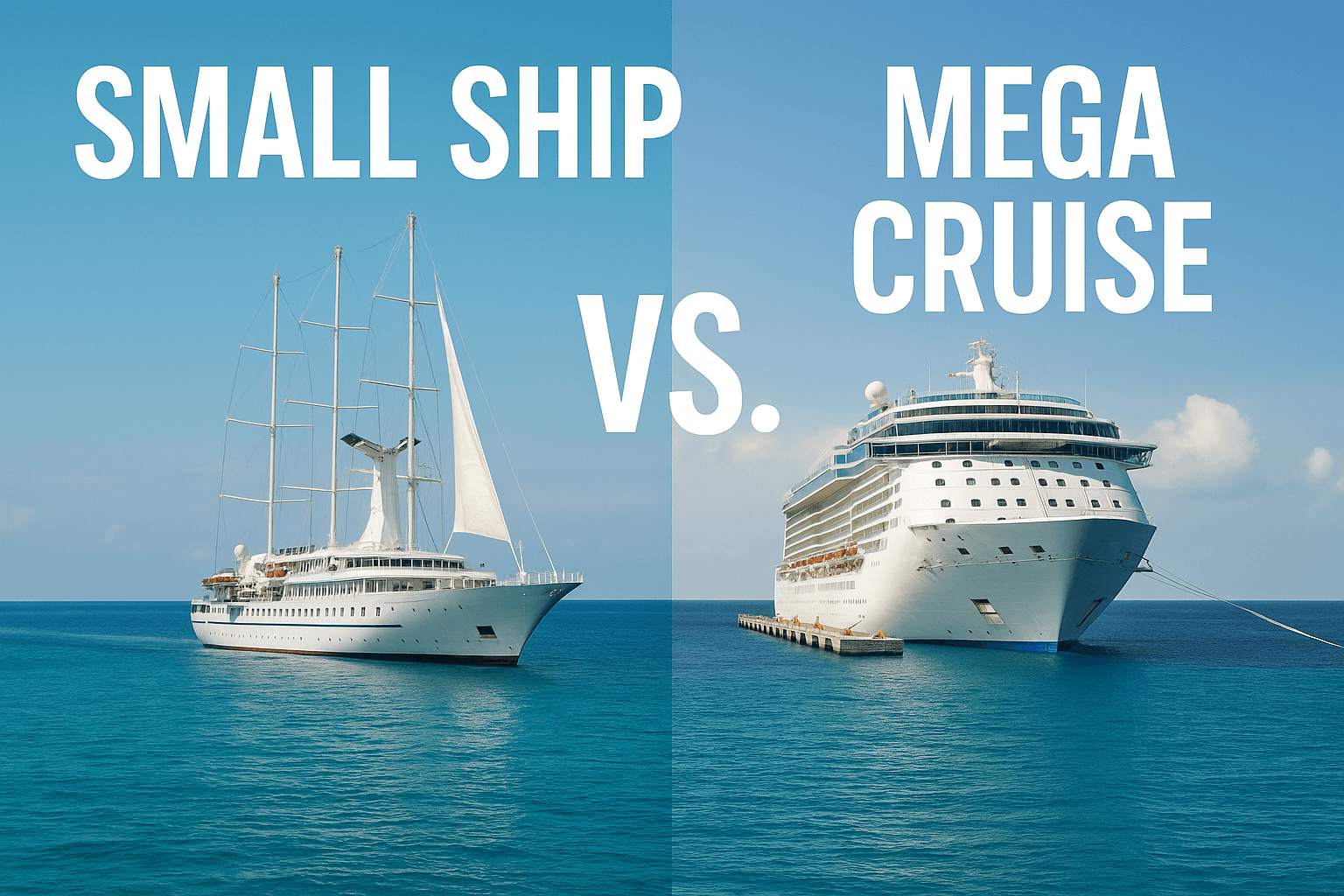 two cruise ships side by side, small ship vs mega cruise are the words