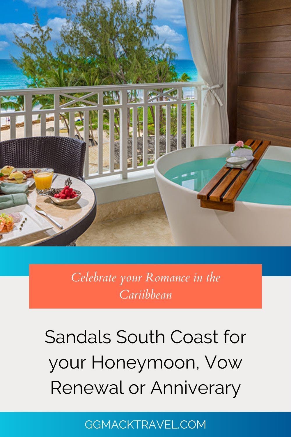 patio with bathtub, table with breakfast and a view of ocean at Sandals South Coast