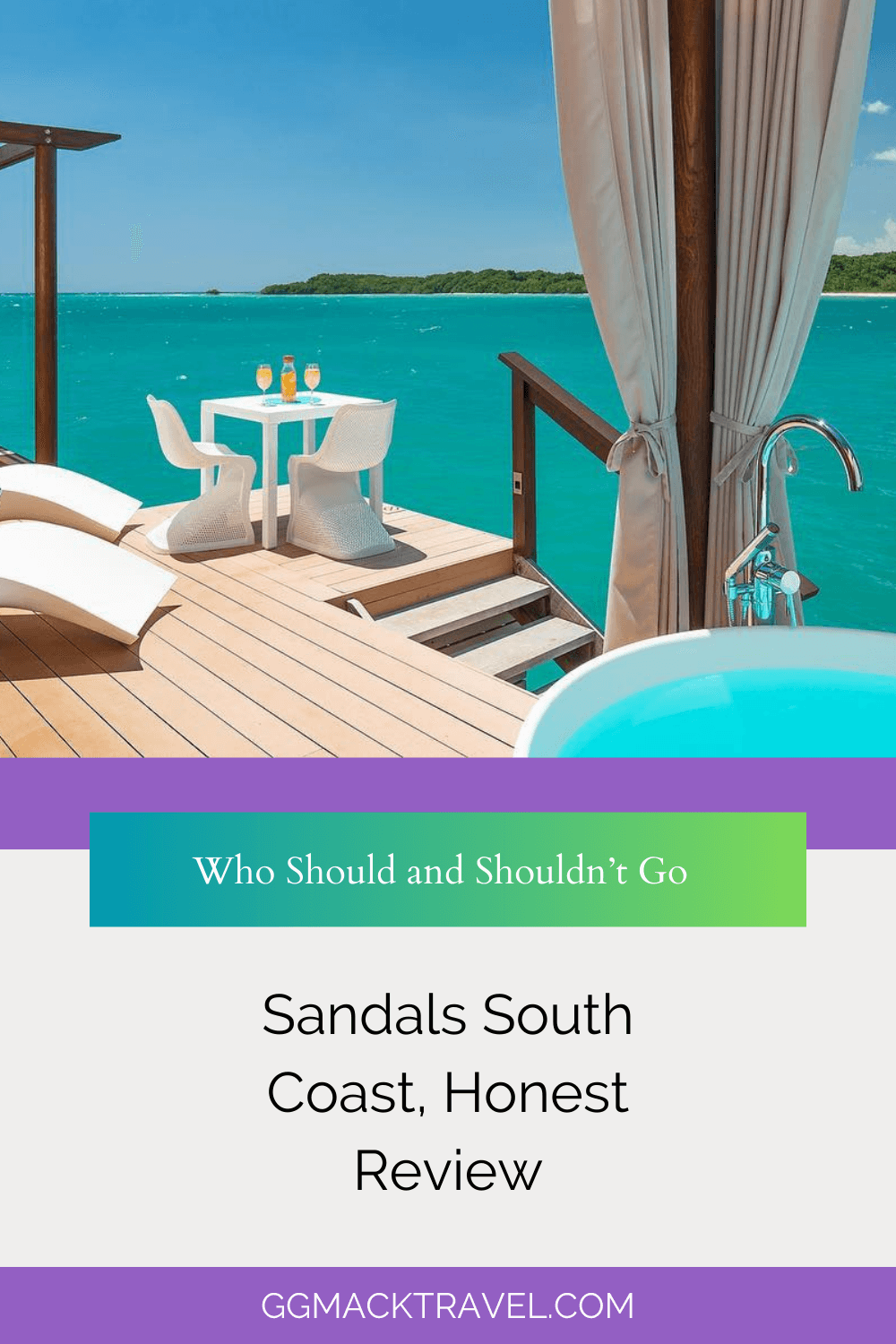 patio of overwater bungalow with a outside bathtub and beach chairs. on blog: Sandals south coast honest review