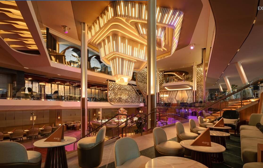 lounge with huge chandelier on cruise ship; from blog: best adult friendly cruise line