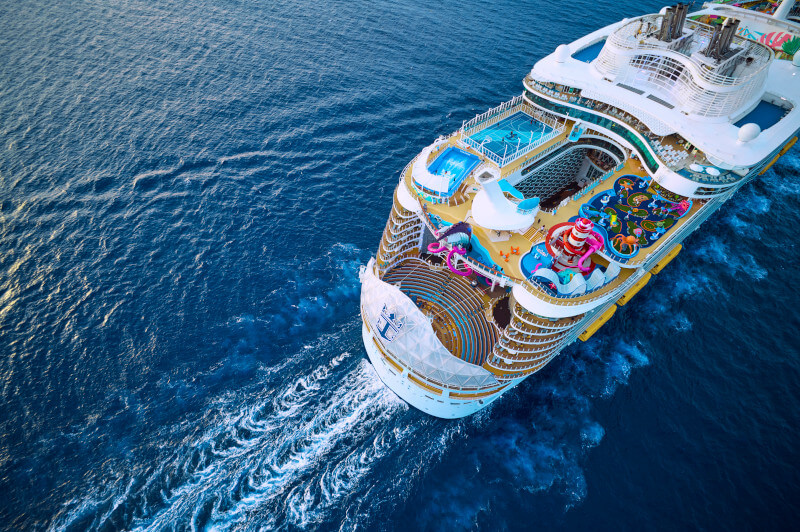 overhead picture of Utopia of the Seas cruise ship on the ocean; from blog: Utopia of the Seas review