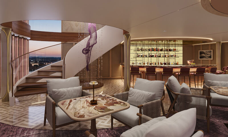 lounge inside rvier cruise ship, table chairs, bar in the backgroung