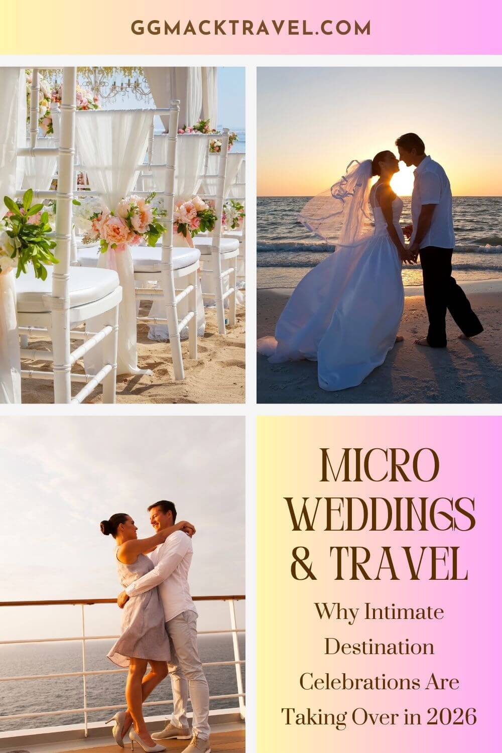 pinterest pin with many different wedding couples getting married on beach and cruise ship from blog post Micro Weddings 