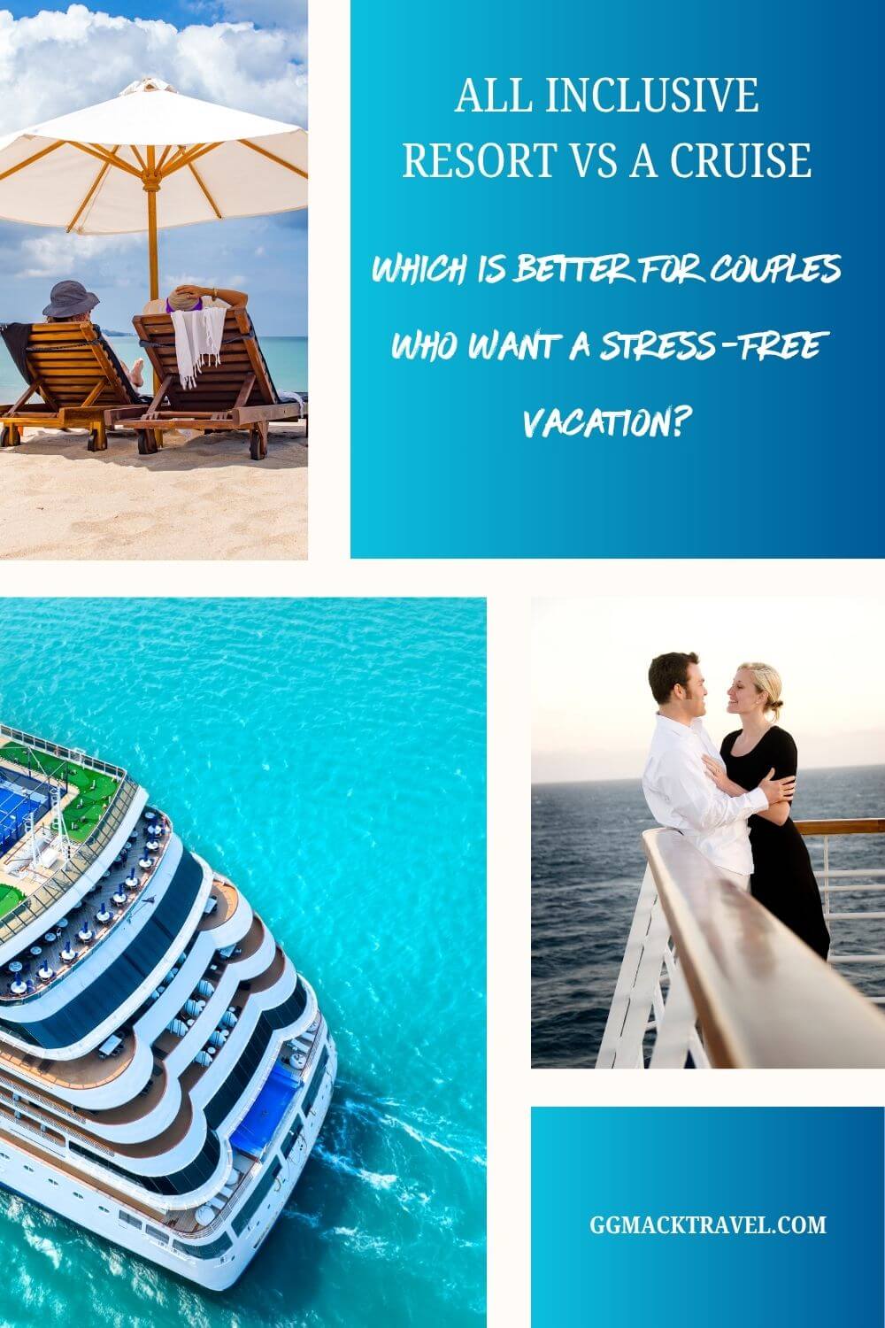 pinterest pin with 3 pictures one of a couple on the beach under umbrellas, one of a cruise ship and one of a couple leaning on a cruise ship railing