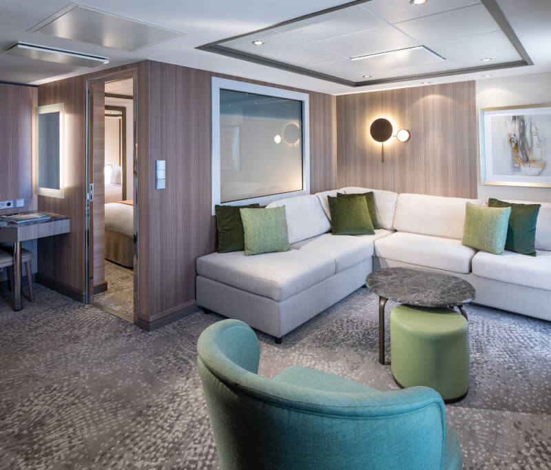 living room on cruise ship suite